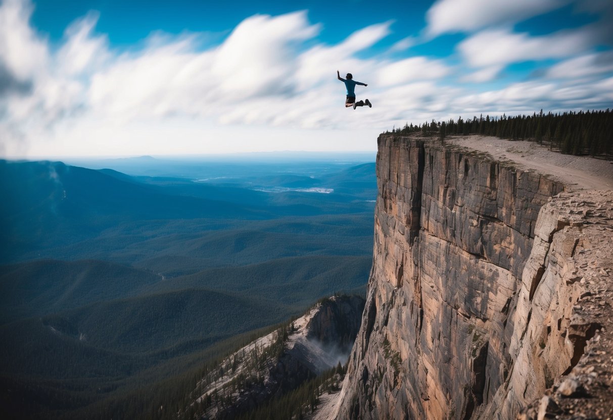 A rugged cliff juts out from a mountain peak, overlooking a vast expanse of wilderness.</p><p>The sheer drop promises an exhilarating base jumping experience for thrill-seekers