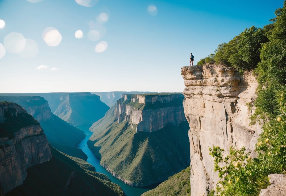 A rugged cliff edge overlooks a deep canyon, surrounded by lush greenery and a clear blue sky