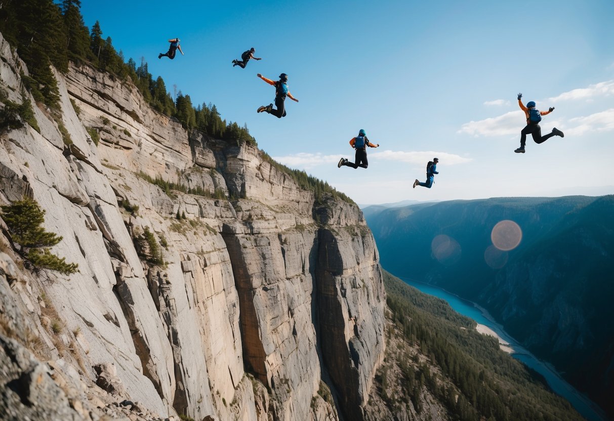 A group of base jumpers leaping off the edge of a steep, rugged cliff, surrounded by breathtaking natural scenery and clear blue skies