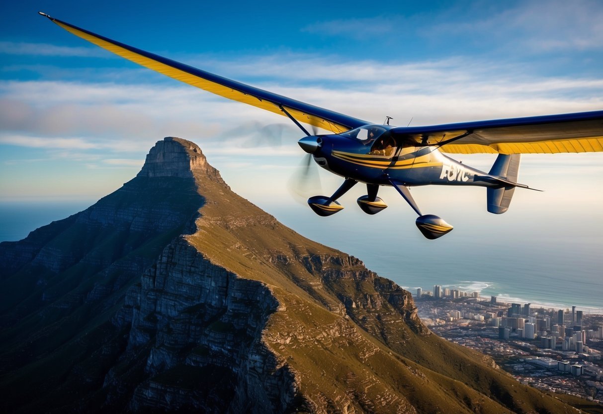 A wingsuiter glides over the rugged slopes of Table Mountain, with the city of Cape Town and the Atlantic Ocean in the background
