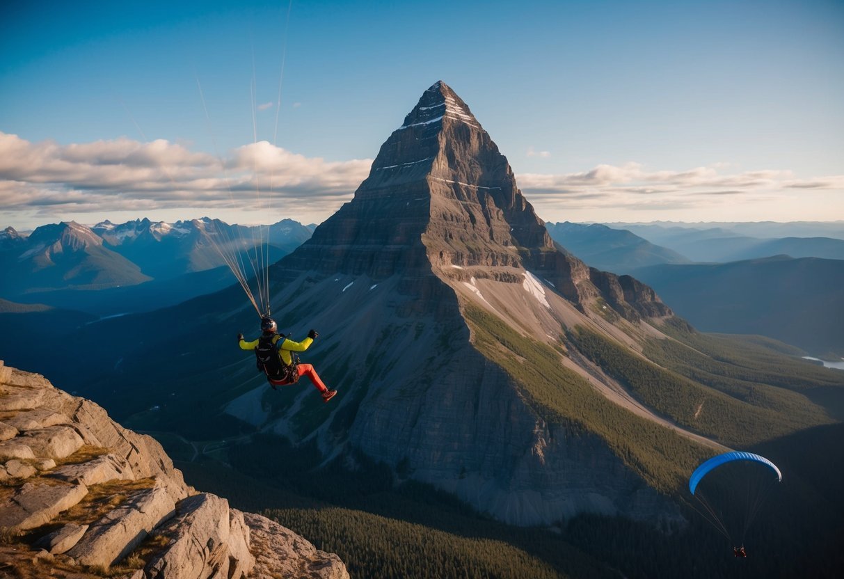 The towering peak of Mount Thor rises above a rugged Canadian landscape, offering an exhilarating backdrop for wingsuit flying adventures