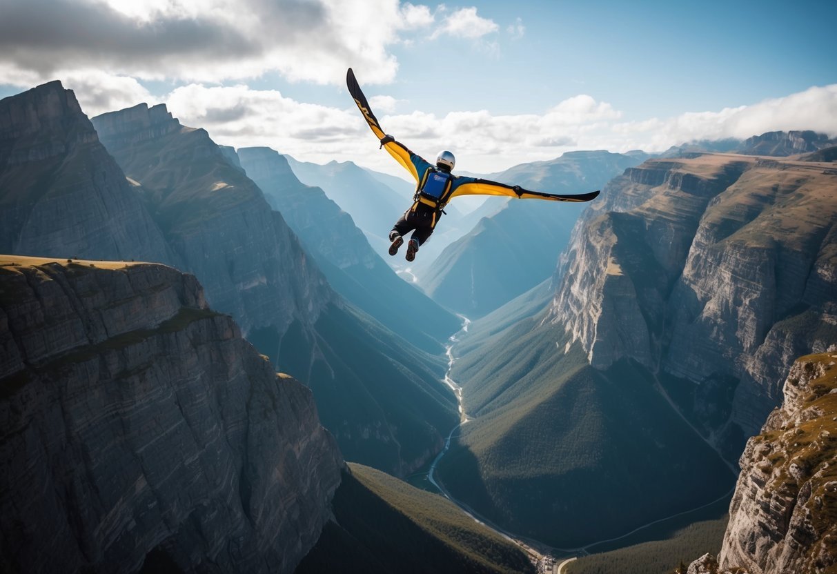A wingsuit flyer soaring through the rugged mountains, with steep cliffs and deep valleys below, surrounded by breathtaking natural beauty