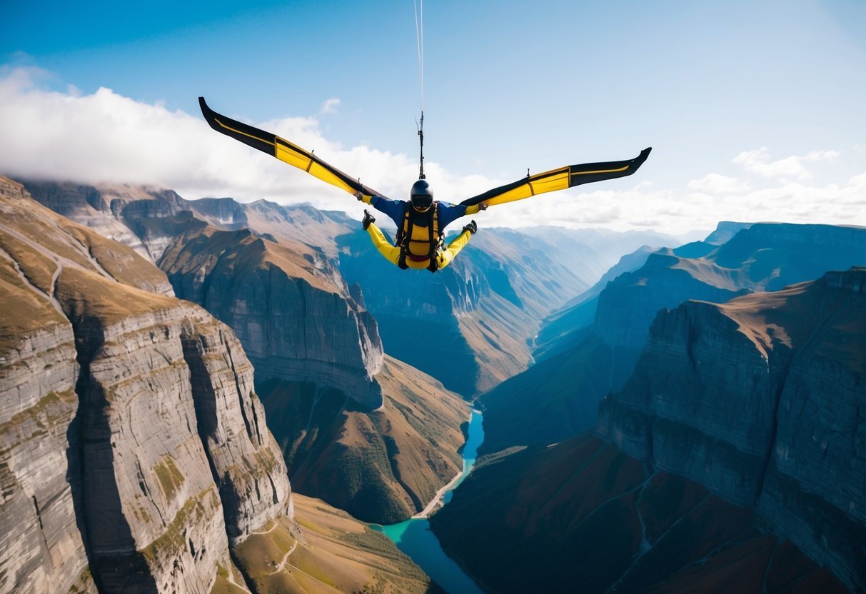 A wingsuit flyer soaring over a rugged mountain range, with steep cliffs and deep valleys below.</p><p>The vibrant colors of the landscape add to the sense of adventure and excitement