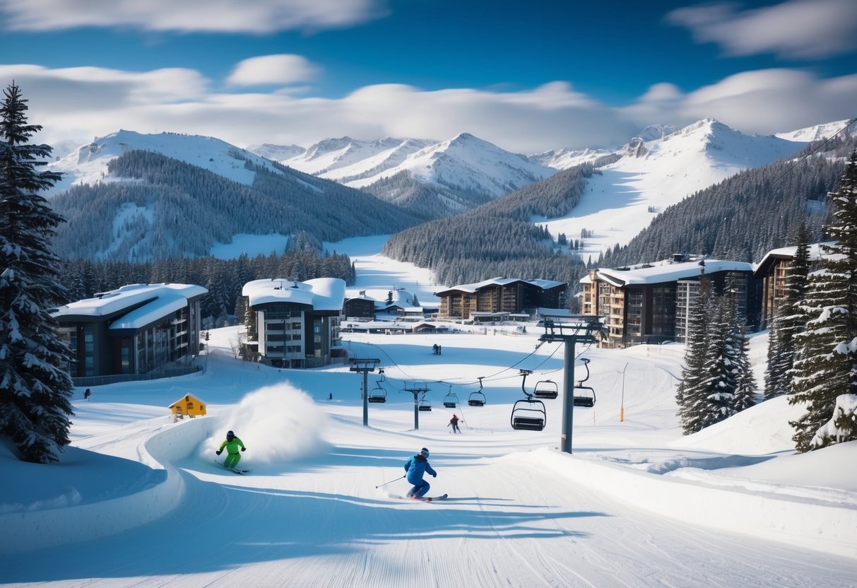 Snow-covered mountains and pine trees surround a cluster of modern ski resorts, with chairlifts and snowboarders carving through fresh powder