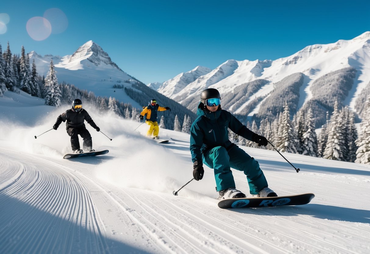 Snowboarders carving down pristine slopes at a top-rated resort, surrounded by towering snow-covered mountains and a clear blue sky