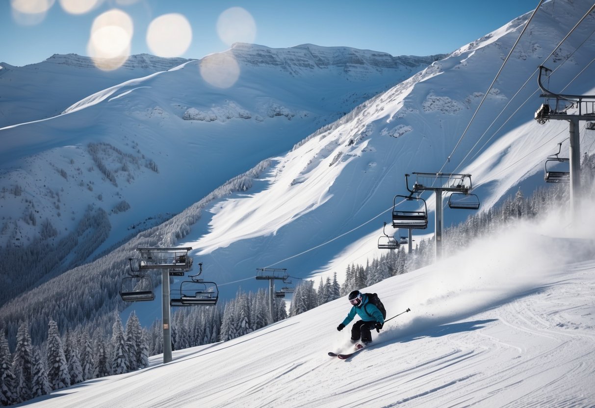 Snow-covered mountains with steep slopes, chairlifts, and snowboarders carving through fresh powder