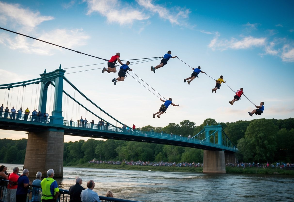 A group of thrill-seekers leaping from a bridge, attached to bungee cords, as spectators watch from the riverbank