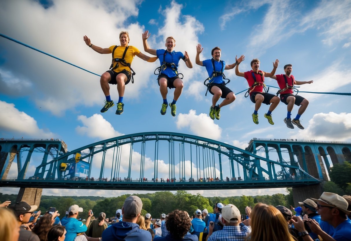 A group of thrill-seekers leaping off a tall bridge with elastic cords tied around their ankles, as spectators watch in awe from below