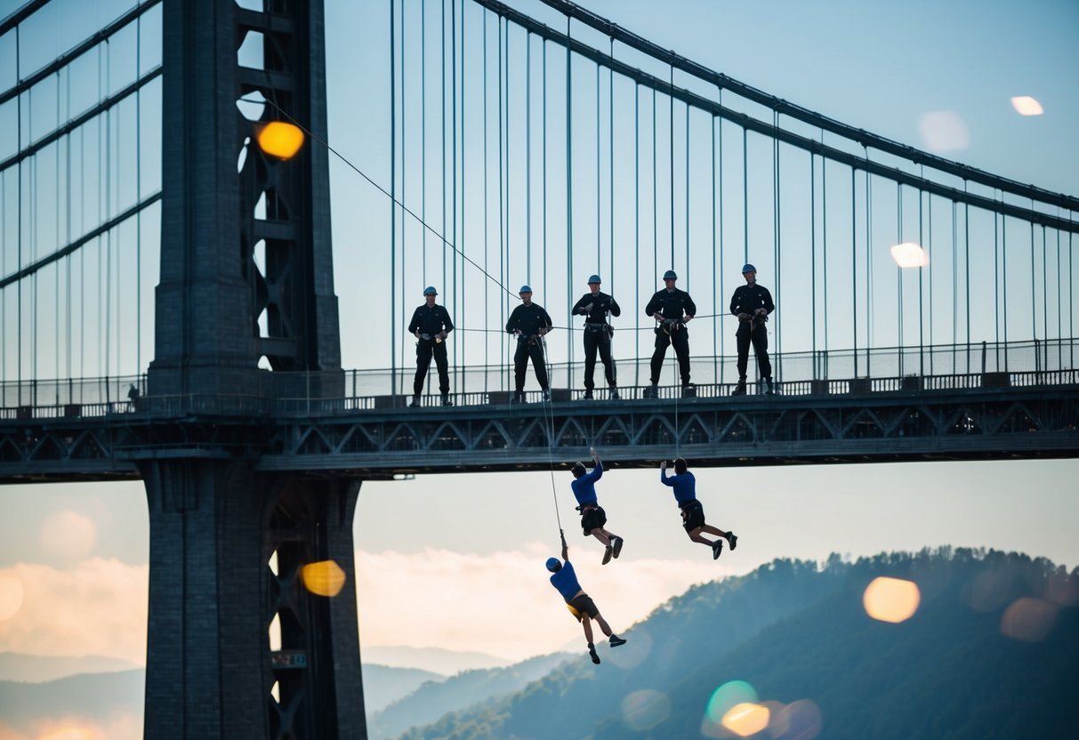 A group of pioneers stand atop a towering bridge, preparing to leap into the abyss with bungee cords attached