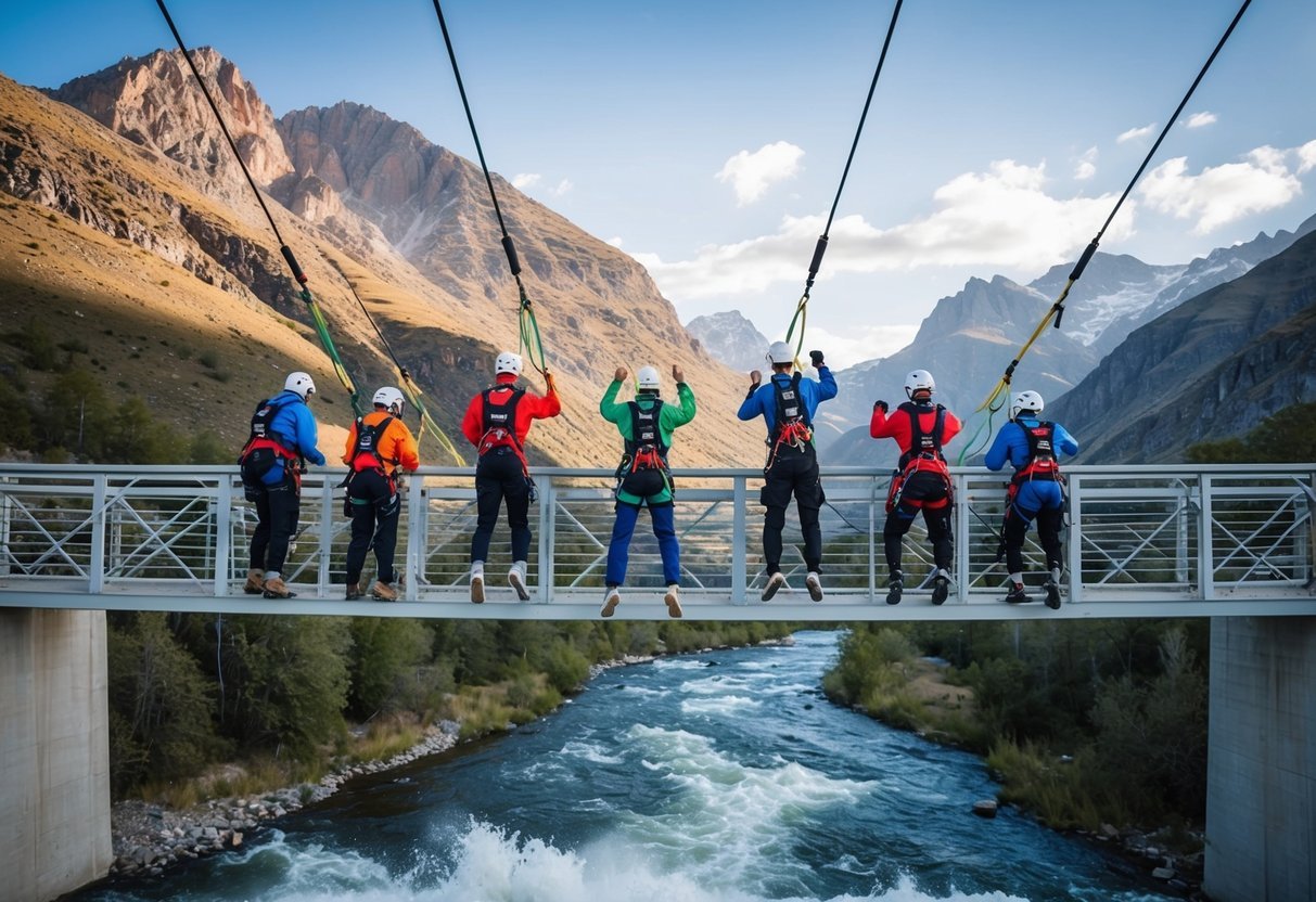 A group of pioneers standing on a bridge, preparing to leap into the open air with bungee cords attached, surrounded by rugged mountains and a rushing river below