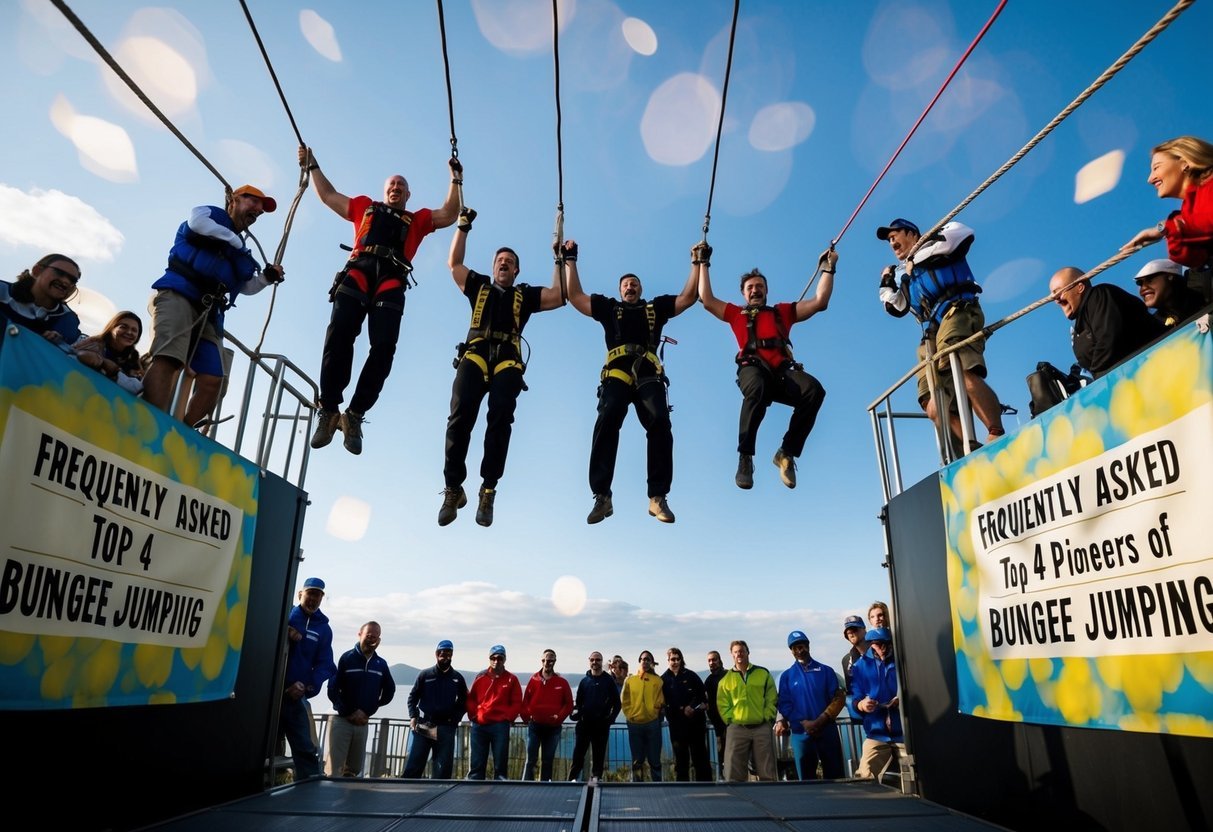 Four bungee jumpers leaping from a high platform, cords taut, surrounded by onlookers and a banner reading 