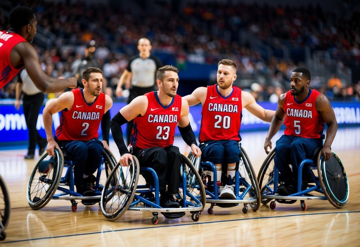 A fast-paced wheelchair basketball game between the Canada National Team and the top 5 teams, with intense competition and skilled maneuvers on the court