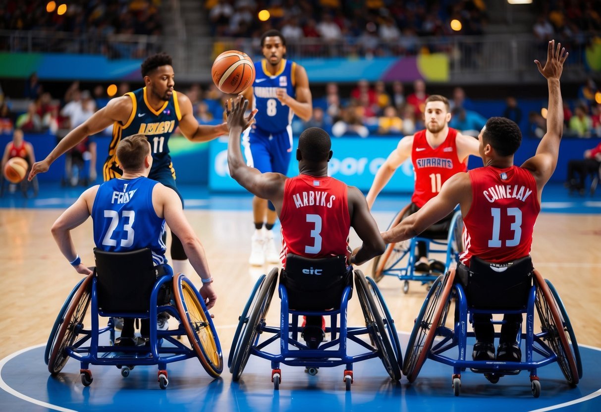 A fast-paced game of wheelchair basketball with five top teams competing on a court, showcasing the history and evolution of the sport