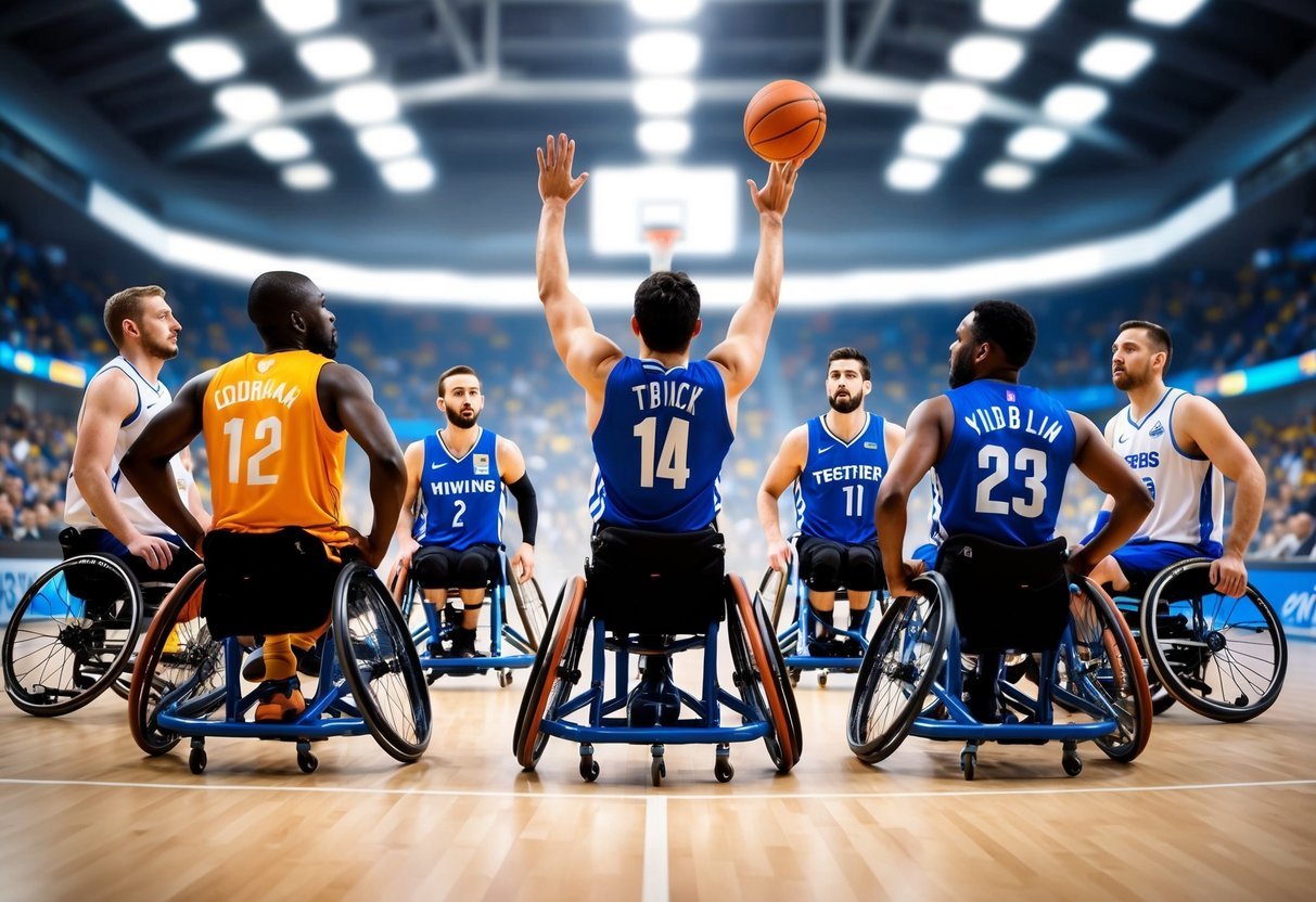 A dynamic wheelchair basketball game with five top teams competing in a modern sports arena