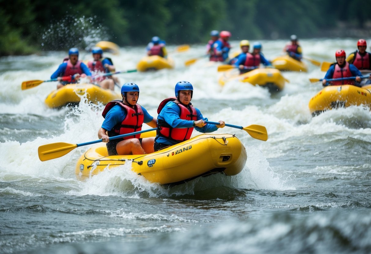 A group of white-water rafts navigating through rough rapids, splashing and creating waves as they compete in the top 5 teams