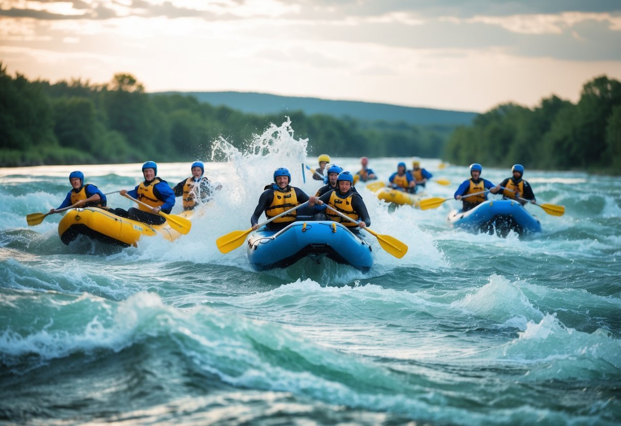 A group of white-water rafting teams navigate through rushing river rapids, creating splashes and waves as they compete for the top spot