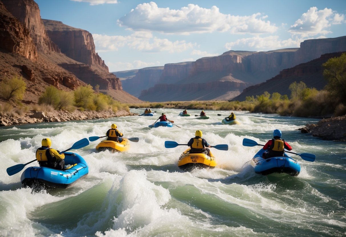 A roaring river winds through a rugged canyon, with five sleek rafts navigating the churning rapids.</p><p>The teams skillfully maneuver through the white-water, racing towards the finish line