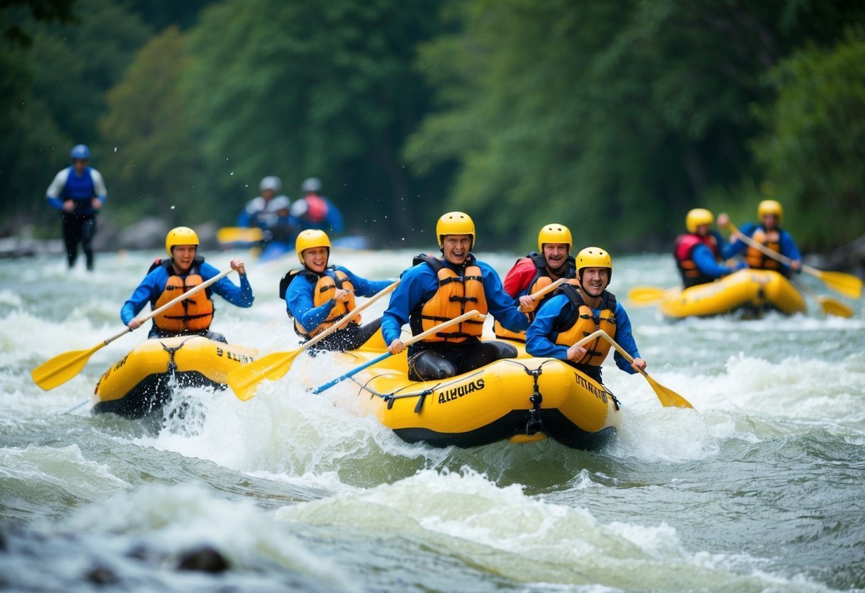White-water rafting teams navigating rapids, teamwork evident