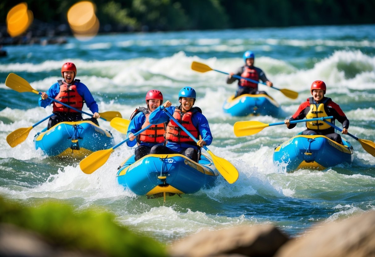 Five white-water rafting teams navigate rapids with top-quality equipment, each team demonstrating skill and precision