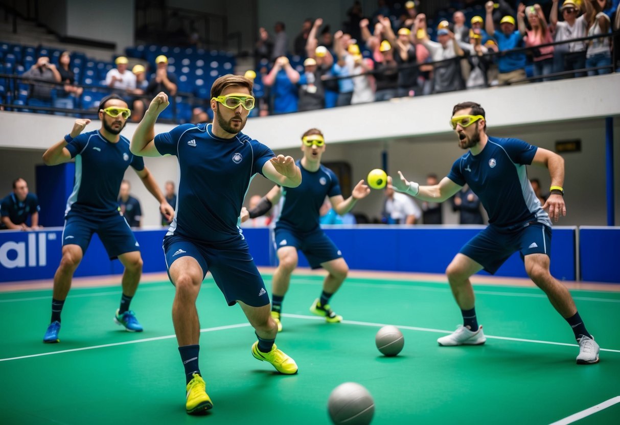 Players in action on a goalball court, wearing eyeshades and using a ball with bells inside.</p><p>Spectators cheer from the stands