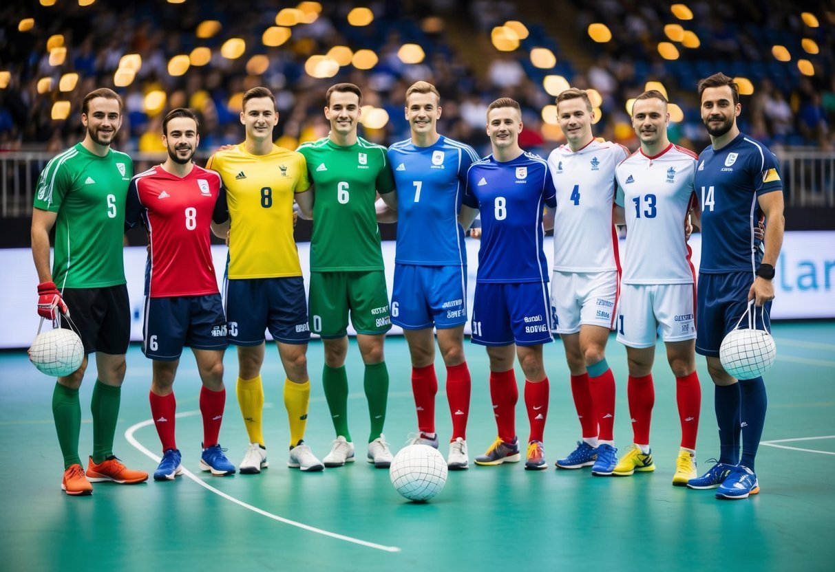 A group of goalball players from different countries competing in a tournament, each wearing their team uniforms and holding their goalball equipment