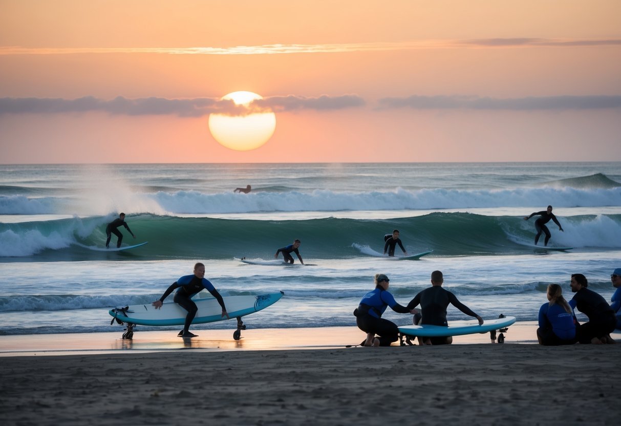 The sun sets over Higgins Beach, with surfers catching waves in the distance.</p><p>Adaptive surfers navigate the water, supported by volunteers on the sandy shore
