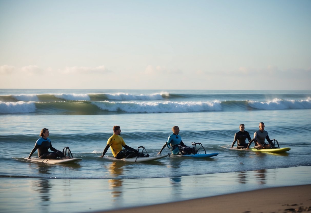 A calm, sunny beach with gentle waves rolling onto the shore.</p><p>A group of surfers with adaptive equipment enjoy the water