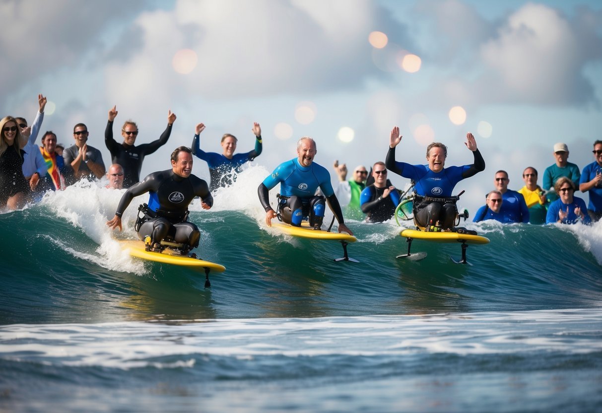 A group of surfers with disabilities catch waves at a sunny beach, supported by adaptive equipment and cheered on by spectators