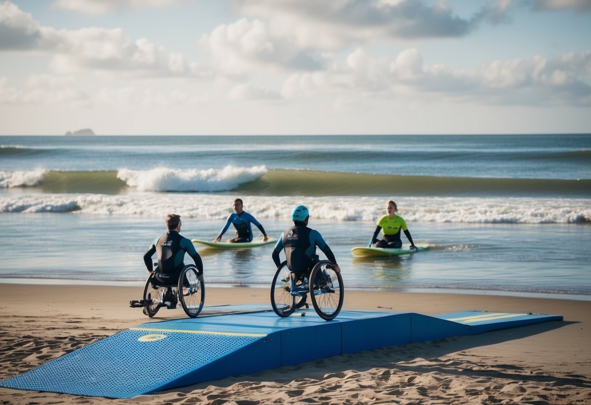 A sunny beach with calm waves, accessible ramps, and surfers with adaptive equipment enjoying the water
