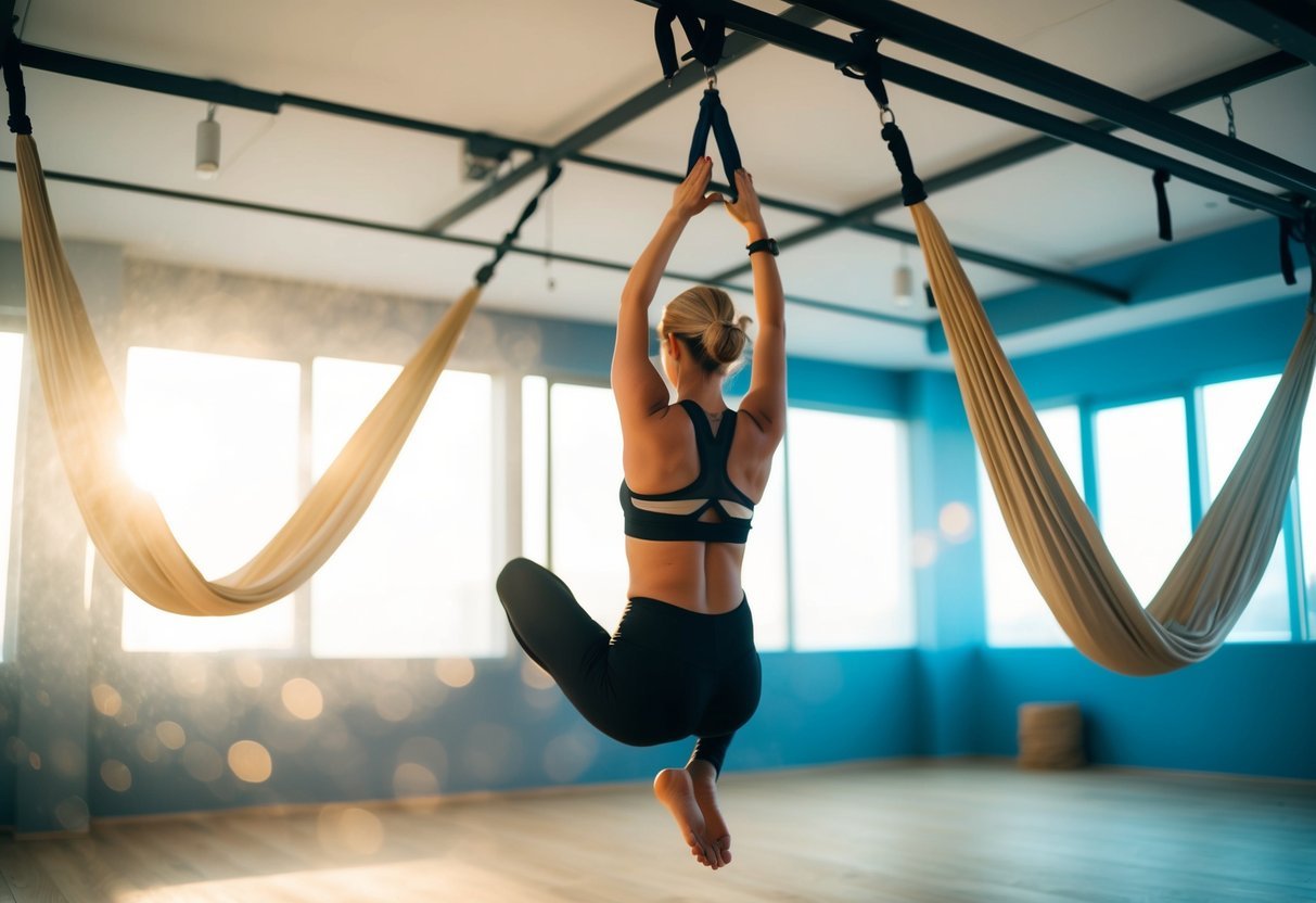Aerial yoga studio with silk hammocks suspended from the ceiling, natural light streaming in, and serene atmosphere