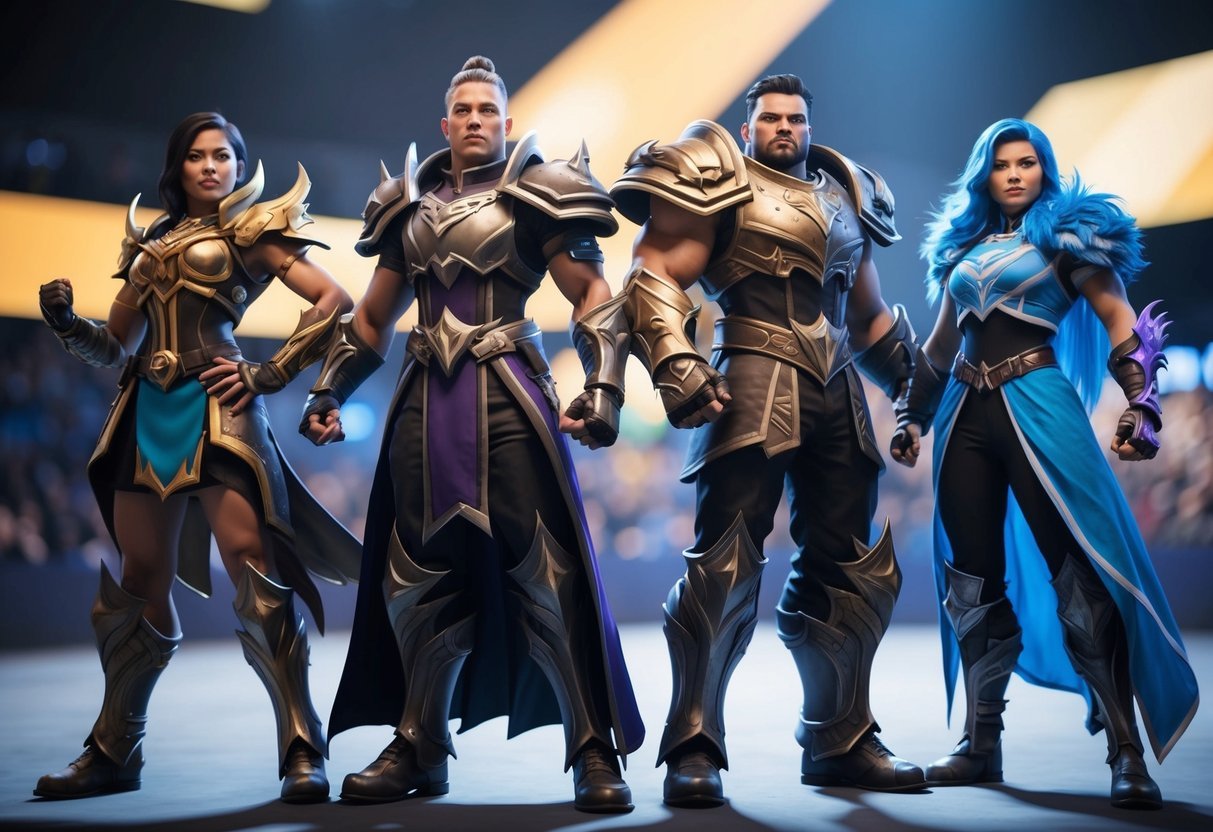 Four powerful heroes from Dota 2 standing together, each emanating a distinct aura of strength and determination