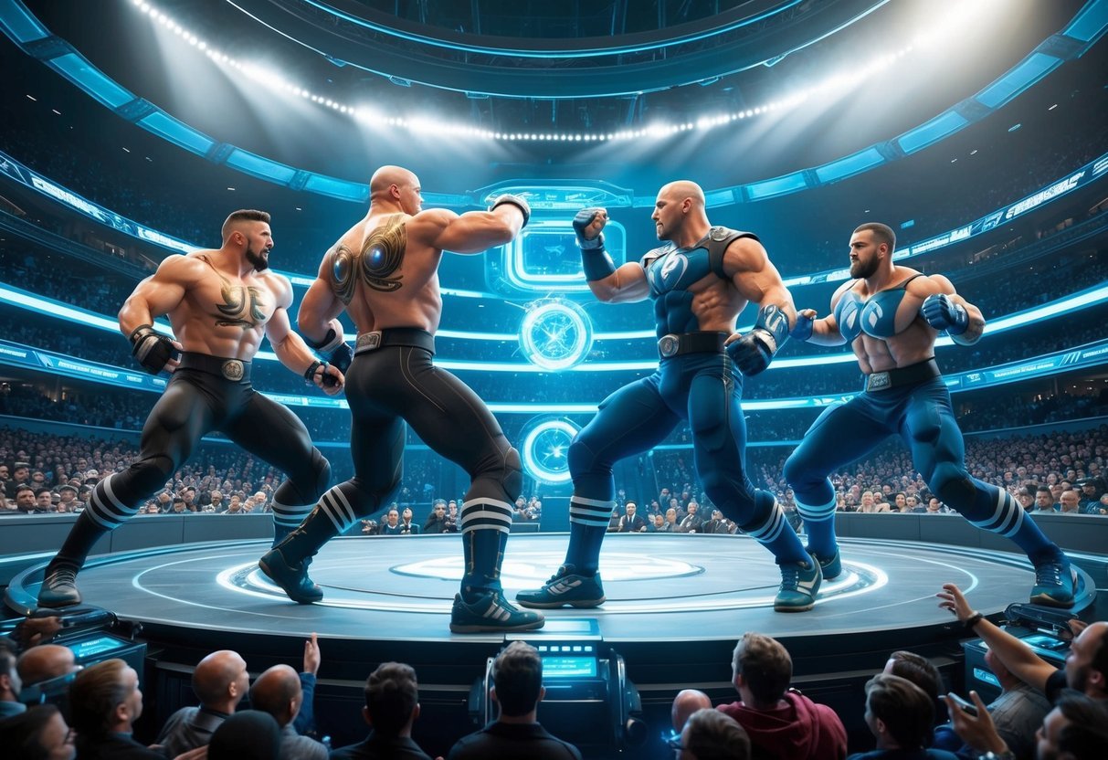 A grand arena with four powerful entities battling, surrounded by futuristic technology and a crowd of eager spectators