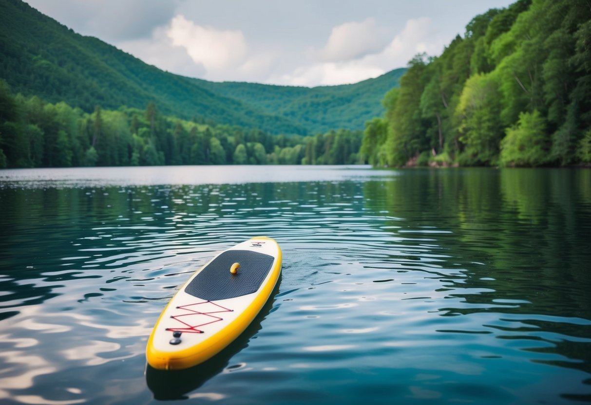 A serene lake with lush green surroundings, calm waters, and a paddleboard floating on the surface