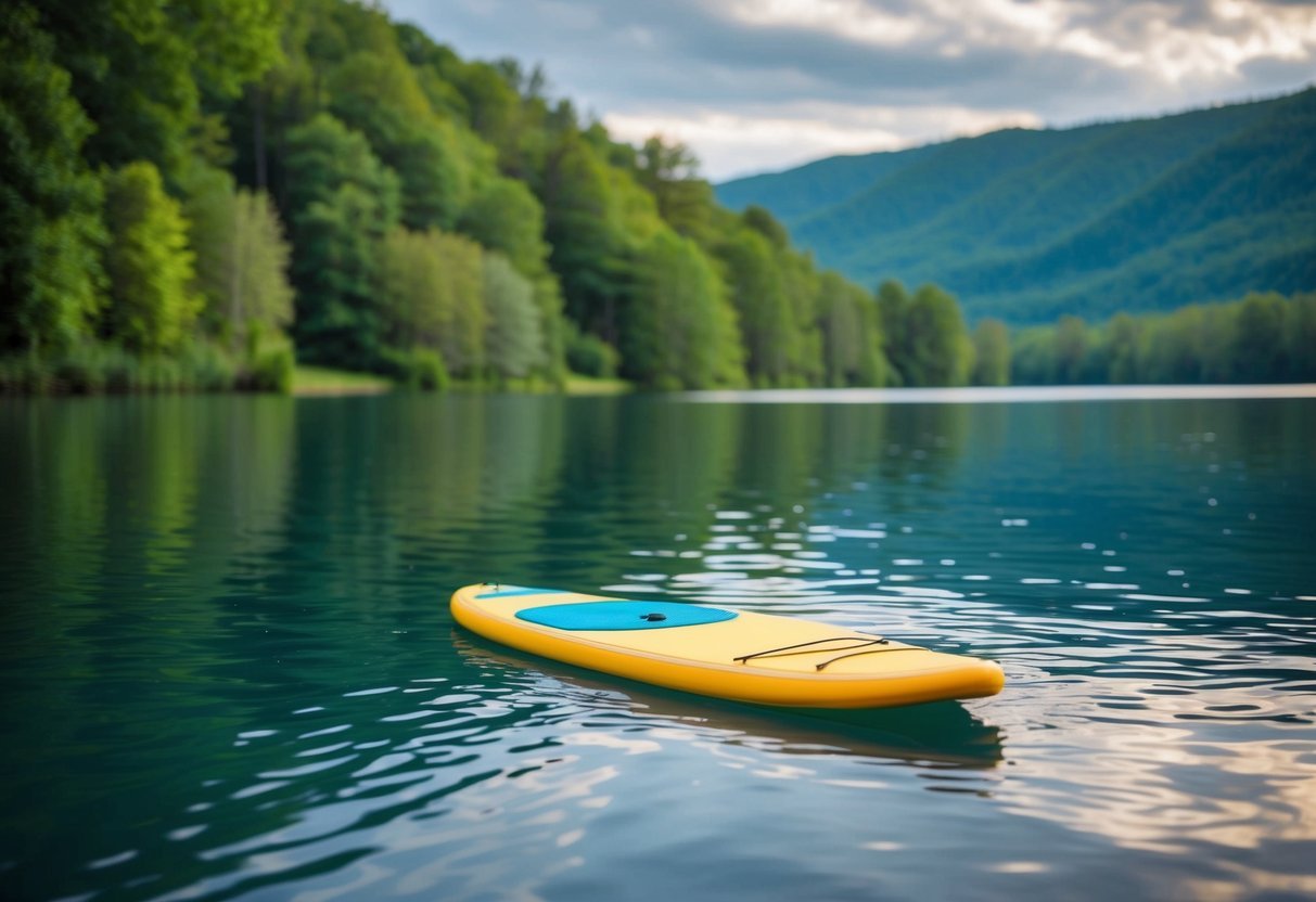 A serene lake surrounded by lush greenery, with a paddleboard floating on the calm water
