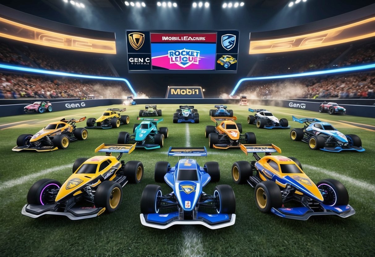 Rocket League teams racing in a virtual championship, with logos and colors of Gen.G Mobil1 Racing and the top 6 teams displayed on a big screen