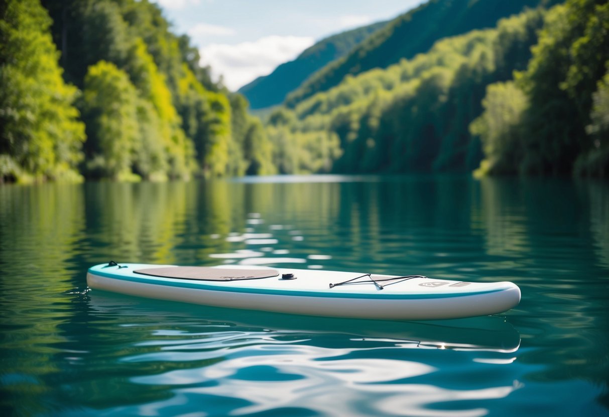 A serene lake surrounded by lush greenery, with a paddleboard floating on the calm water, ready for an adventure
