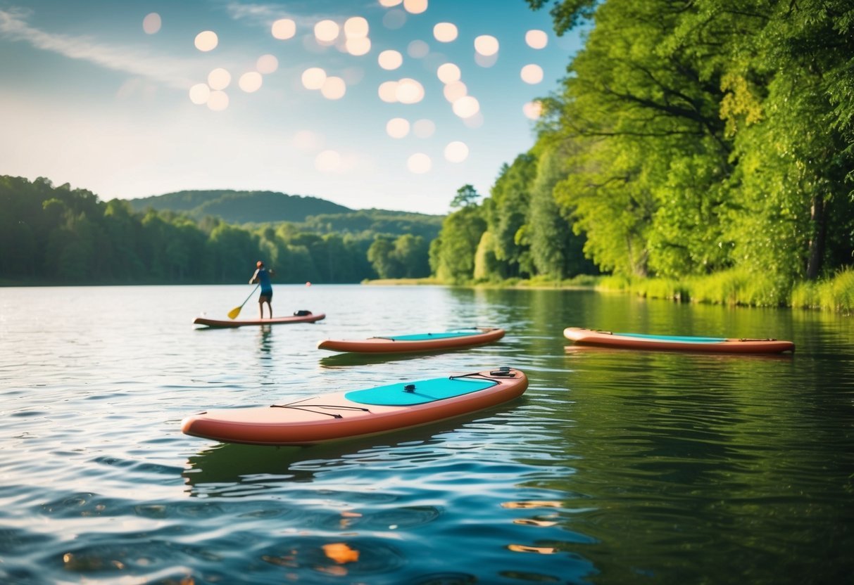 A serene lake surrounded by lush greenery, with paddleboards floating on the calm water