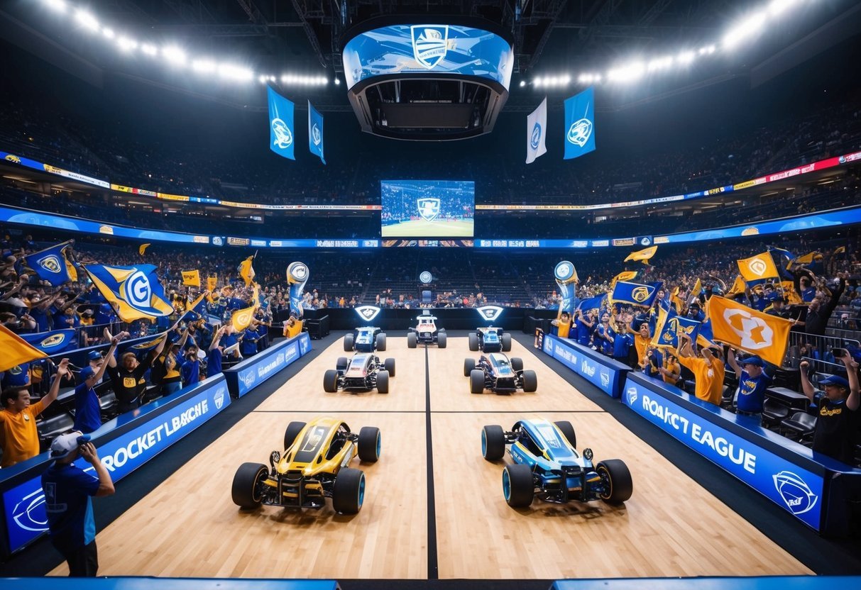 A crowded arena with six rocket league teams competing on a brightly lit stage.</p><p>Fans cheer and wave team banners in the stands