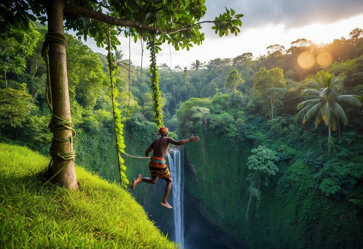 A lush jungle clearing with vines tied to a tall tree and a deep chasm below, where a tribal member is preparing to jump