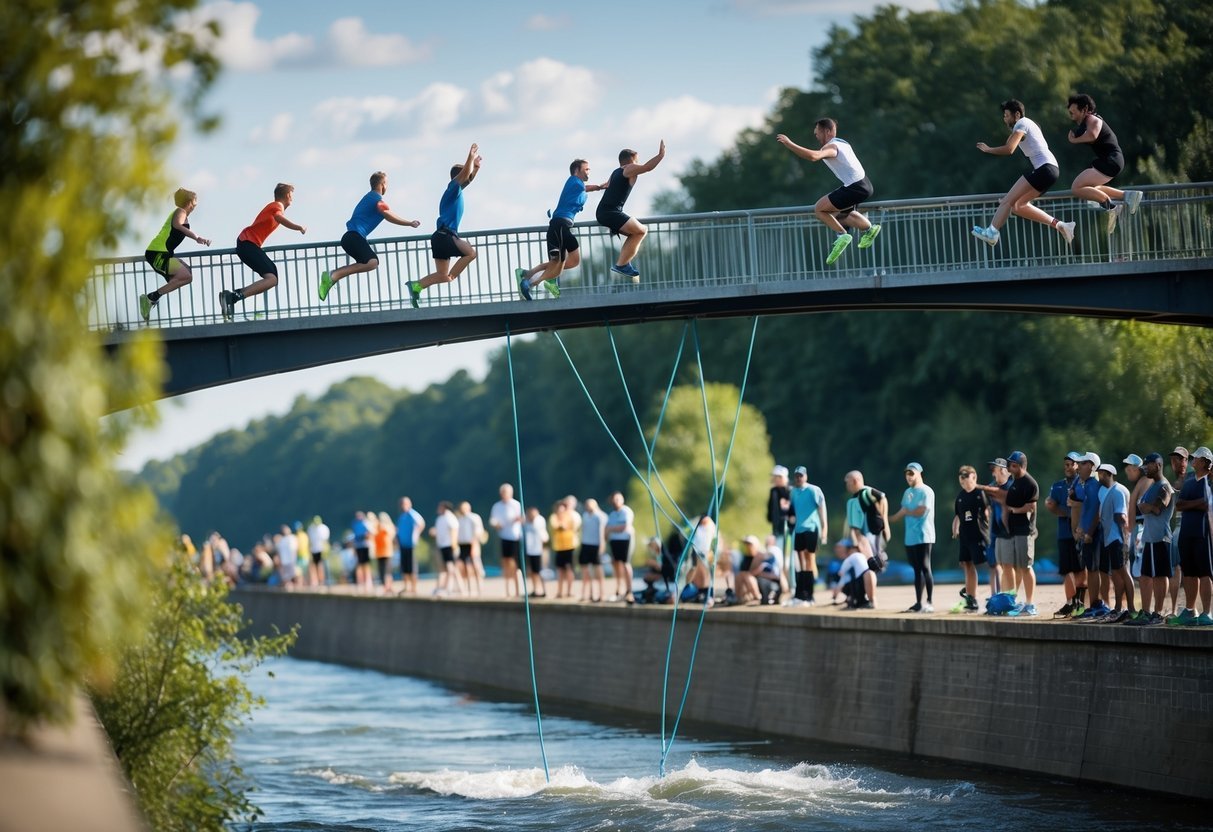 A group of people leaping from a bridge with elastic cords tied around their ankles, while onlookers watch from the riverbank