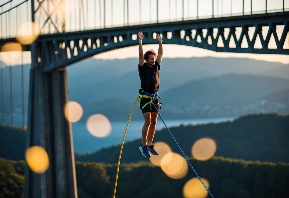 A person standing on the edge of a tall bridge, with a bungee cord tied around their ankles, ready to leap into the open air below