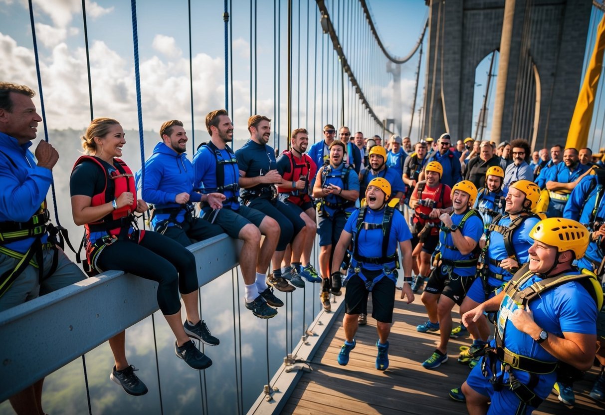 A group of people gathered at a towering bridge, preparing to leap into the abyss for a world record attempt.</p><p>The air is filled with excitement and anticipation as the bungee jumpers gear up for their daring feat