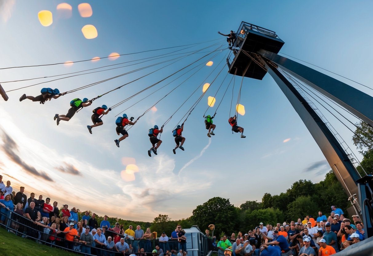 A group of thrill-seekers leaping off a towering platform with elastic cords attached, as spectators watch in awe from below