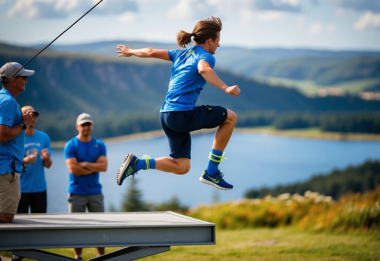 A person leaping from a high platform with a stretchy cord tied around their ankles, surrounded by onlookers and a scenic natural landscape