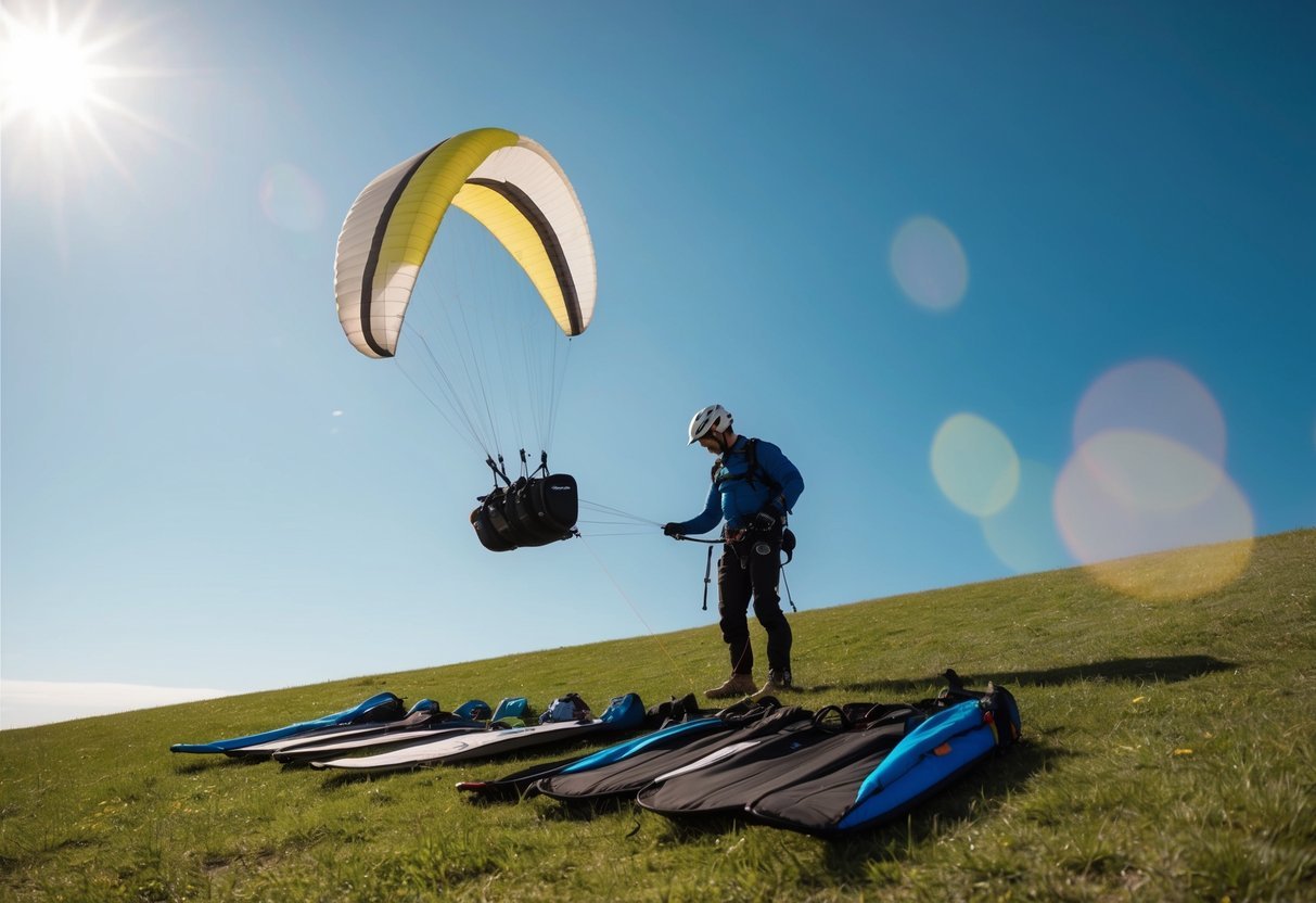 A paraglider stands on a grassy hill, checking their gear.</p><p>The sun is shining, and the sky is clear.</p><p>The glider's equipment is neatly laid out, and they are carefully inspecting each piece before takeoff