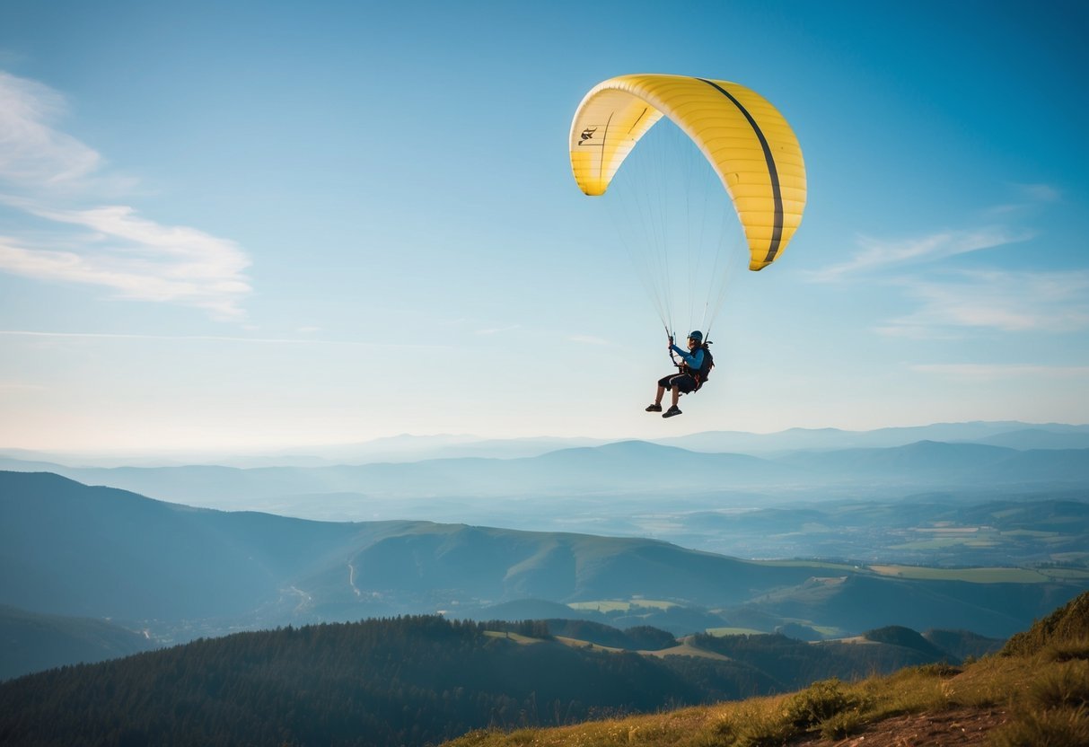 A paraglider soaring above a scenic landscape, with clear blue skies and gentle winds