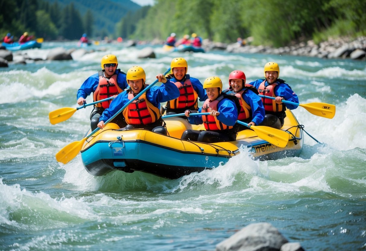 A group of rafters navigating through rough white-water rapids, following proper safety techniques and communication signals