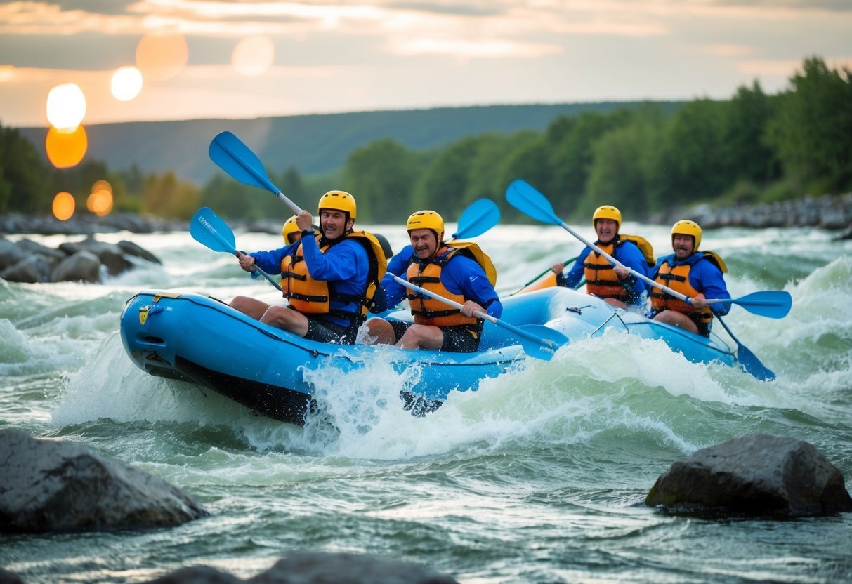 A group of rafters navigating through turbulent white-water rapids, maneuvering around rocks and waves with precise technique and safety measures in place
