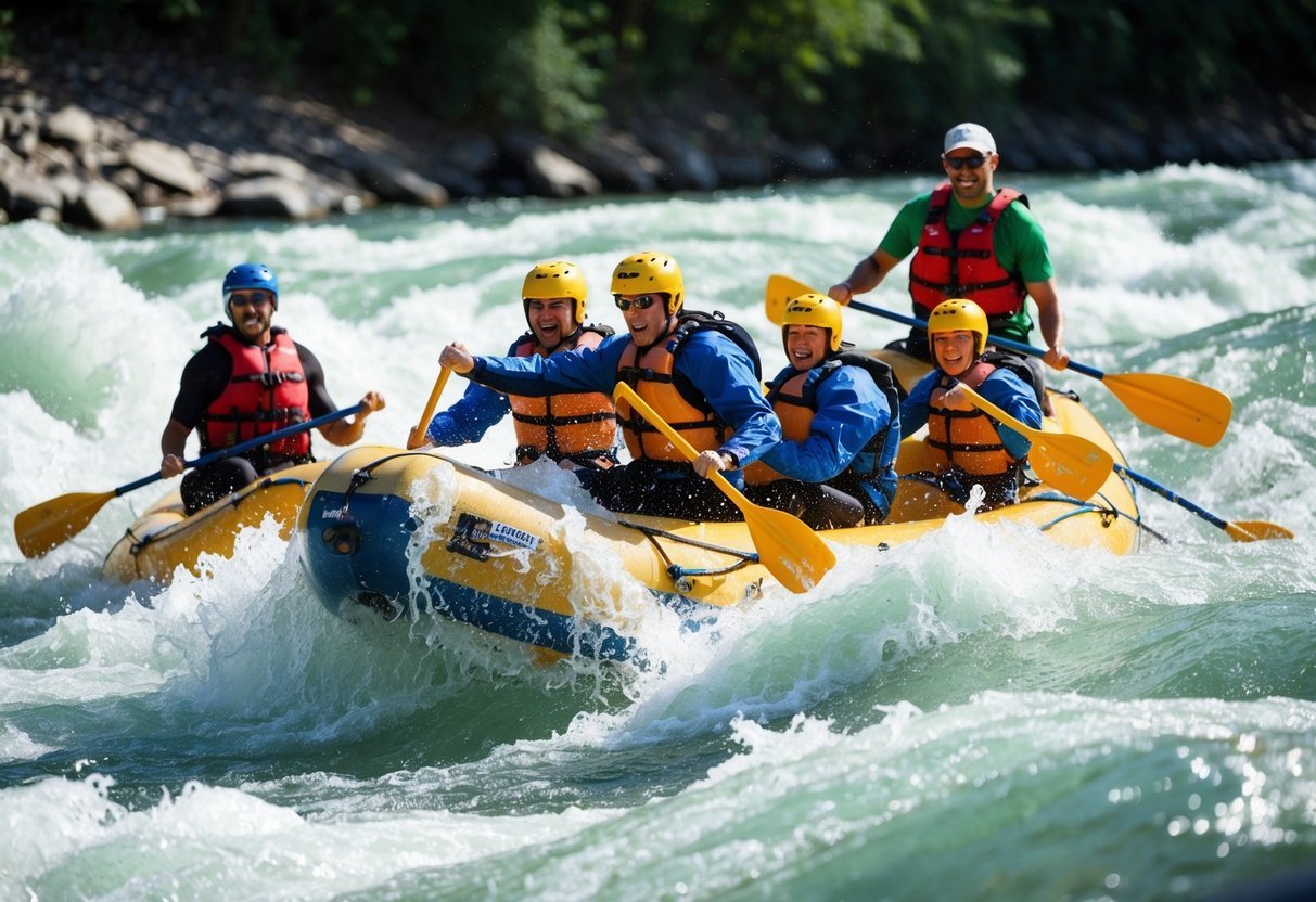 A group of rafters navigate through rushing white-water rapids, using proper paddling techniques and safety equipment.</p><p>The guide leads the way, demonstrating essential skills for a safe and thrilling adventure