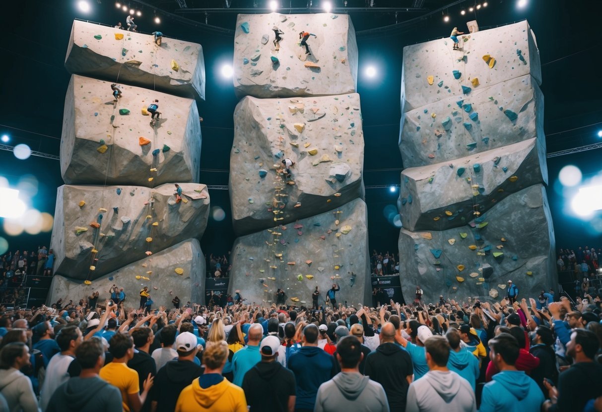 A towering rock wall with six distinct climbing routes, each showcasing different techniques and challenges, surrounded by a crowd of cheering spectators